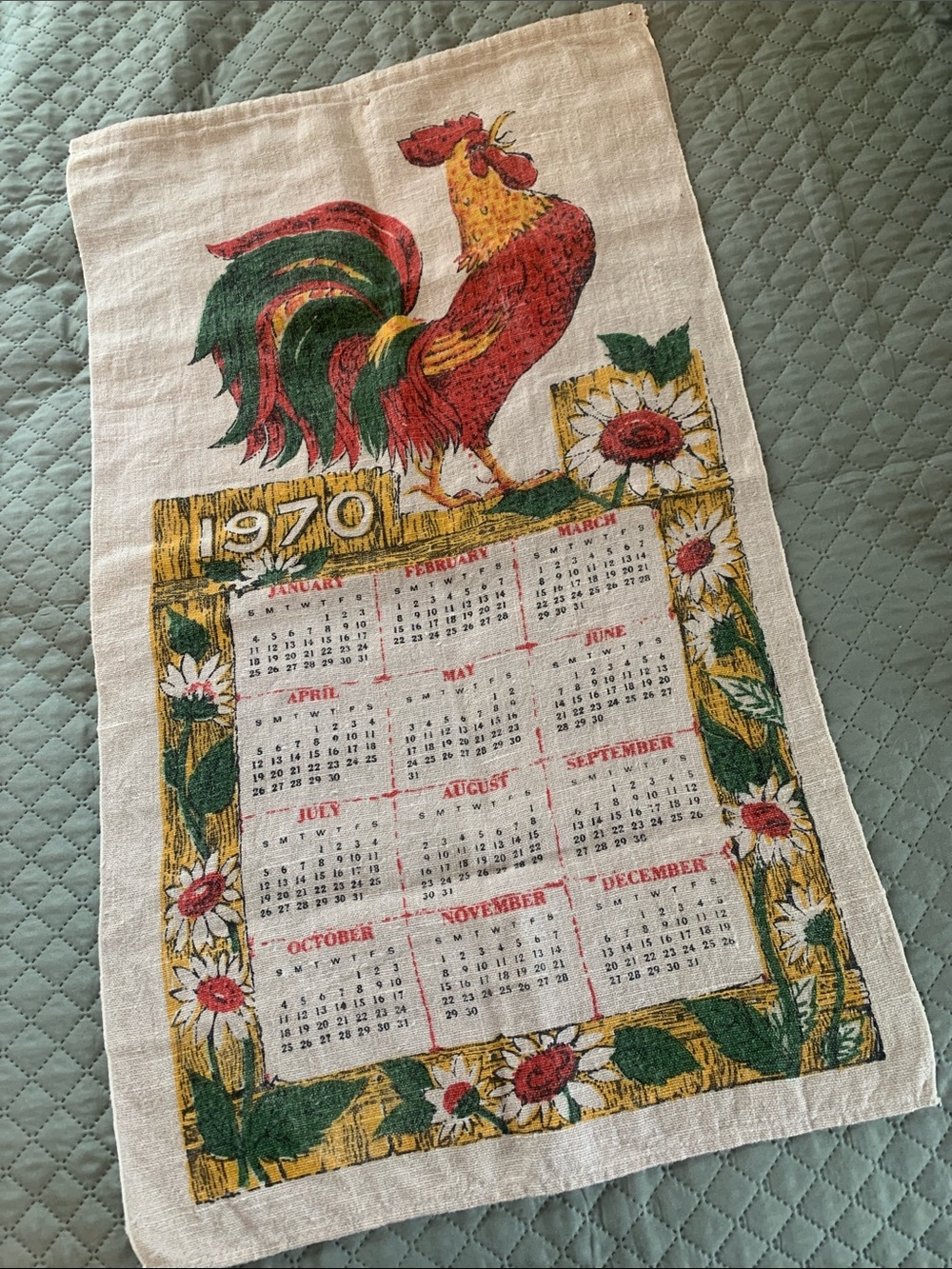 Vintage Rooster Calendar Kitchen Tea Towel 1970